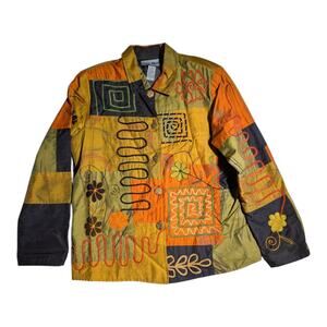 Vtg Y2K Indigo Moon Green Orange Patchwork Floral Embroidered Button Up Jacket S